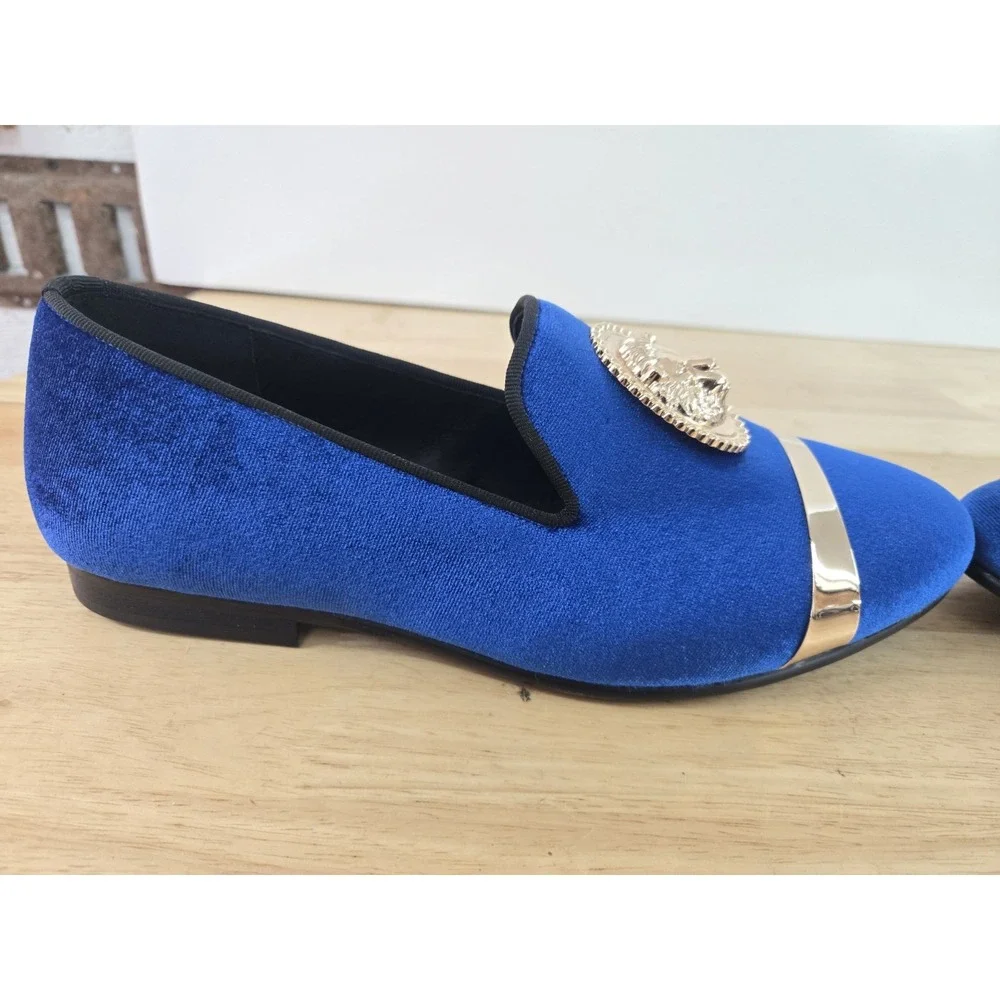 Harpelunde Men's Velvet Loafers Blue‎ Gold Lion Buckle Size 7